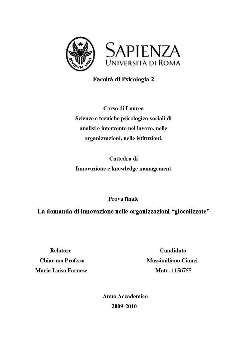 Anteprima della tesi: La domanda di innovazione nelle organizzazioni "glocalizzate", Pagina 1