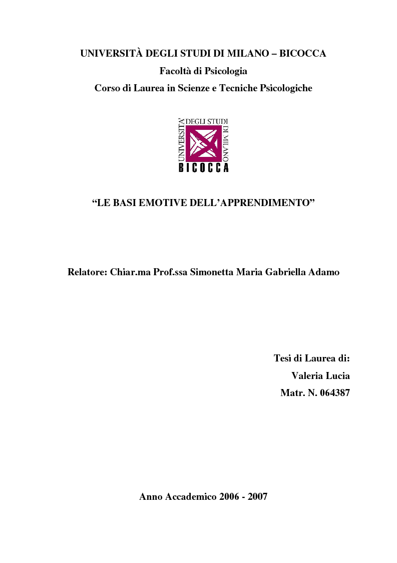 Anteprima della tesi: Le basi emotive dell'apprendimento, Pagina 1