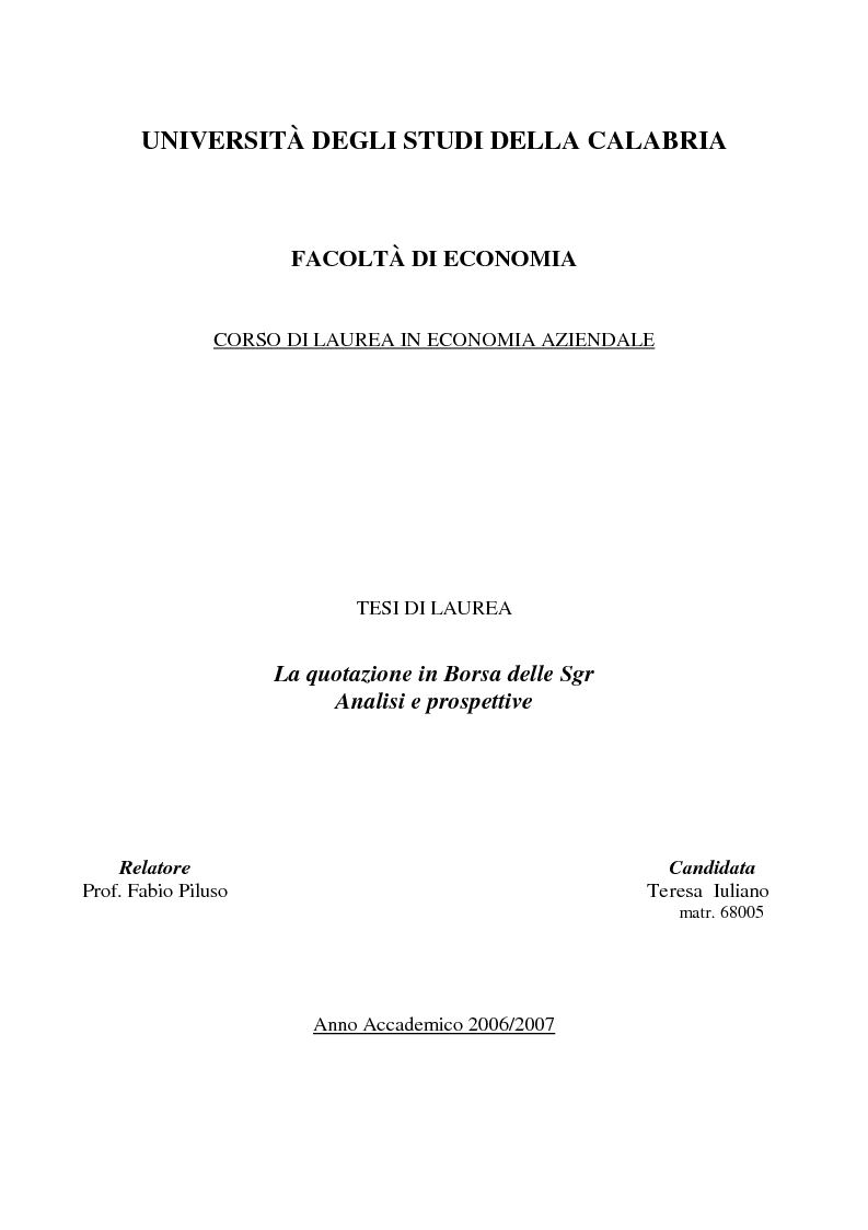 Anteprima della tesi: La quotazione in borsa delle SGR. Analisi e prospettive., Pagina 1