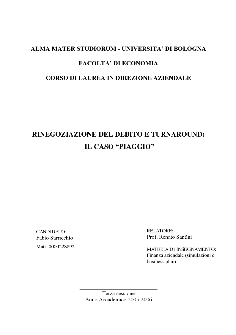 Anteprima della tesi: Rinegoziazione del debito e ''Turnaround'': Il caso “Piaggio”, Pagina 1