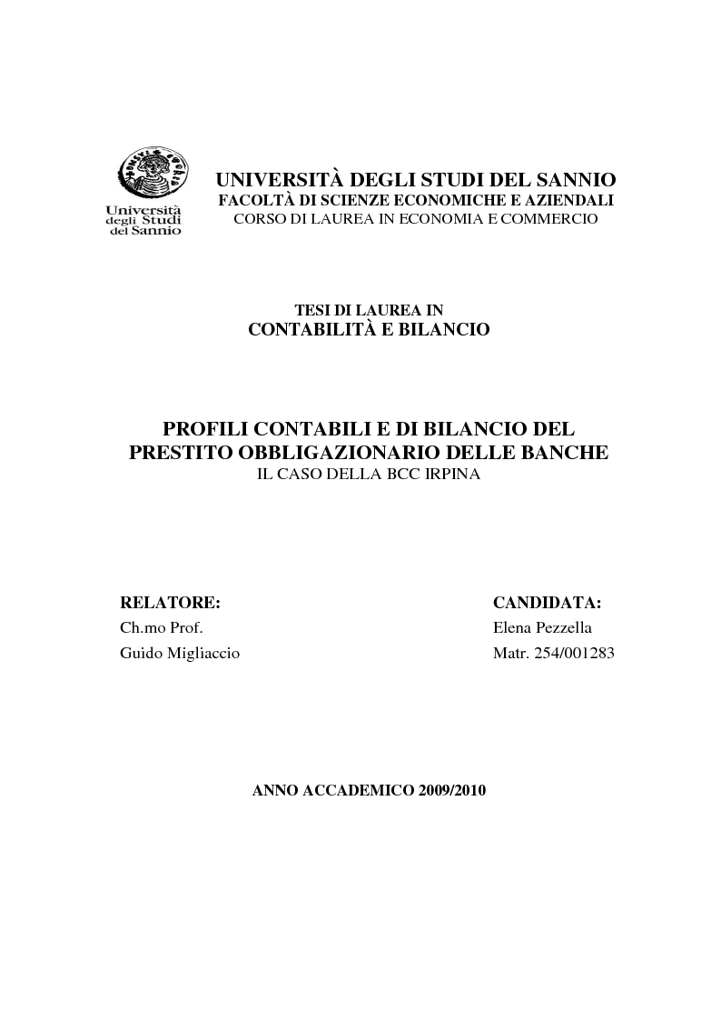 Anteprima della tesi: Profili contabili e di bilancio del prestito obbligazionario delle banche. Il caso della BCC Irpina, Pagina 1