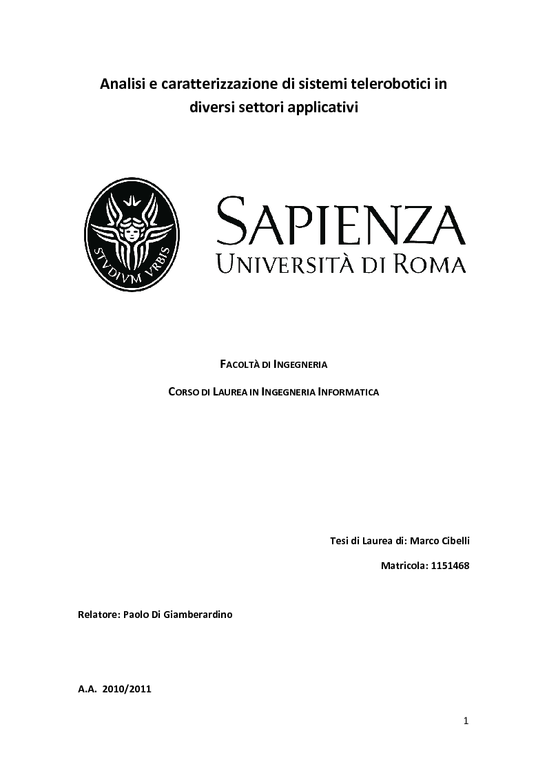 Anteprima della tesi: Analisi e caratterizzazione di sistemi telerobotici in diversi settori applicativi, Pagina 1