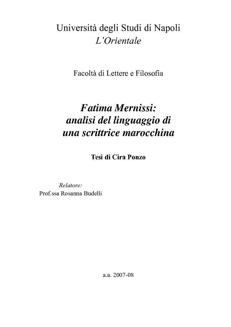 Anteprima della tesi: Fatima Mernissi: analisi del linguaggio di una scrittrice marocchina., Pagina 1