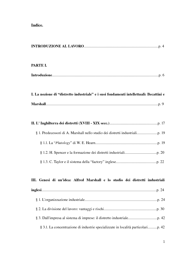 Indice della tesi: Il distretto industriale marshalliano, Pagina 1