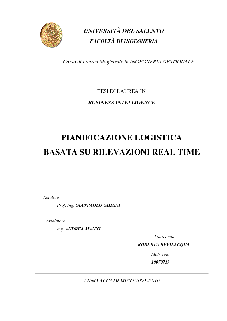 Anteprima della tesi: Pianificazione logistica basata su rilevazioni real time, Pagina 1