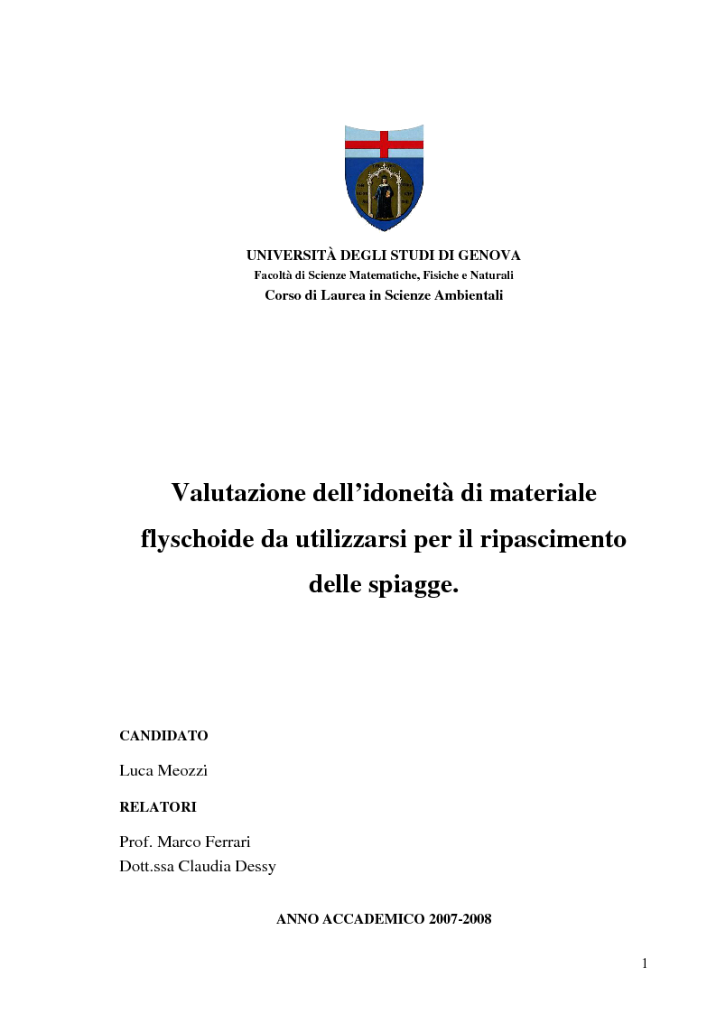 Anteprima della tesi: Valutazione dell’idoneità di materiale flyschoide da utilizzarsi per il ripascimento delle spiagge., Pagina 1