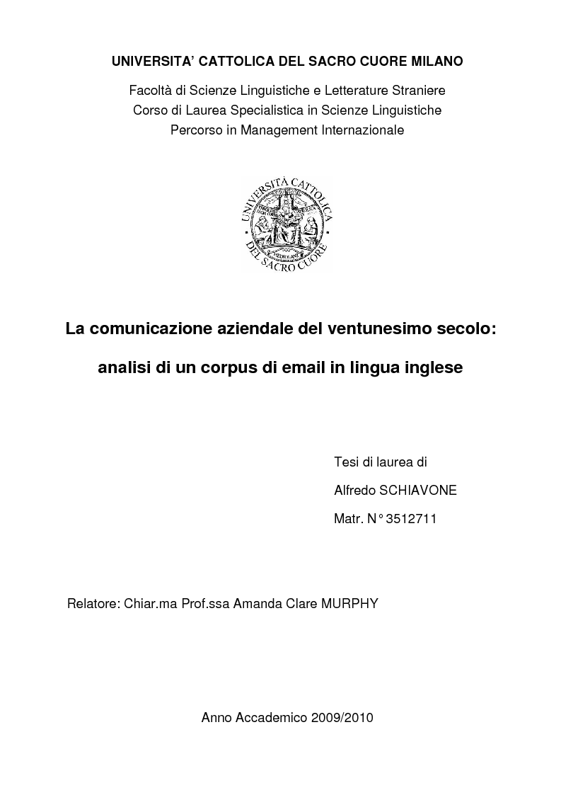 Anteprima della tesi: La comunicazione aziendale del ventunesimo secolo: analisi di un corpus di email in lingua inglese, Pagina 1