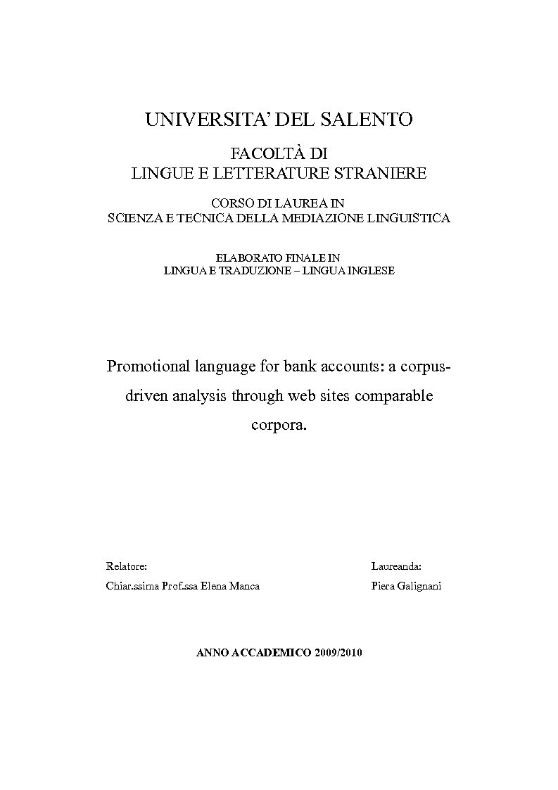 Anteprima della tesi: Promotional language for bank accounts: a corpus driven analysis through web sites comparable corpora., Pagina 1