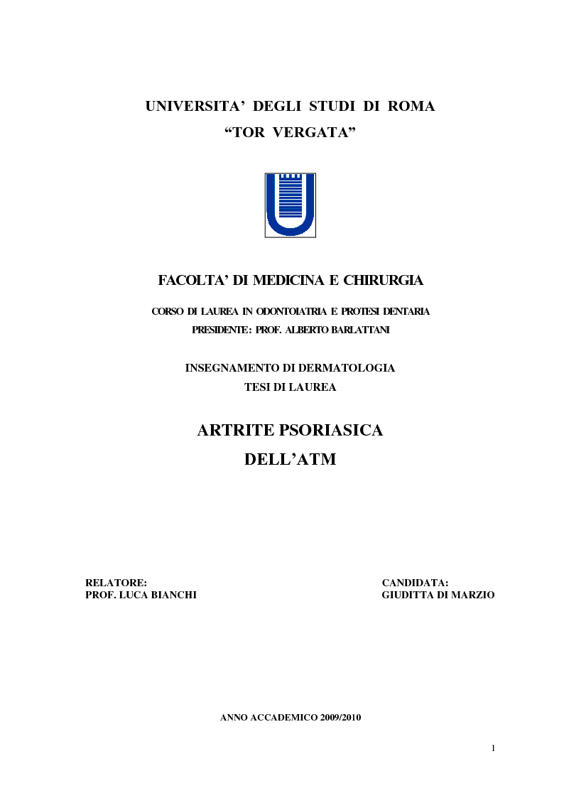 Anteprima della tesi: Artrite Psoriasica dell'ATM, Pagina 1