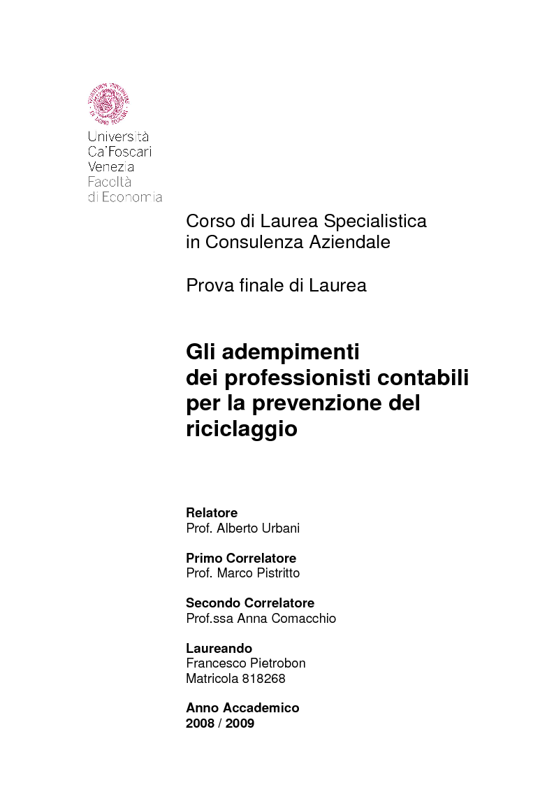Anteprima della tesi: Gli adempimenti dei professionisti contabili per la prevenzione del riciclaggio, Pagina 1
