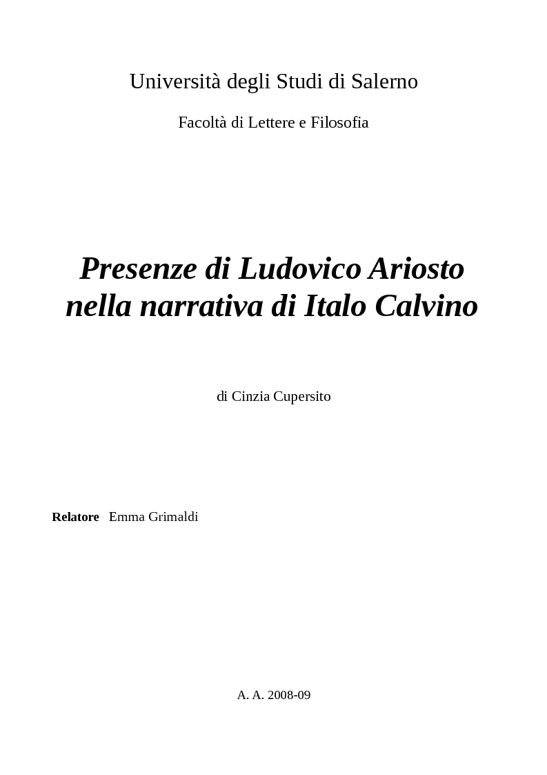 Anteprima della tesi: Presenze di Ludovico Ariosto nella narrativa di Italo Calvino, Pagina 1