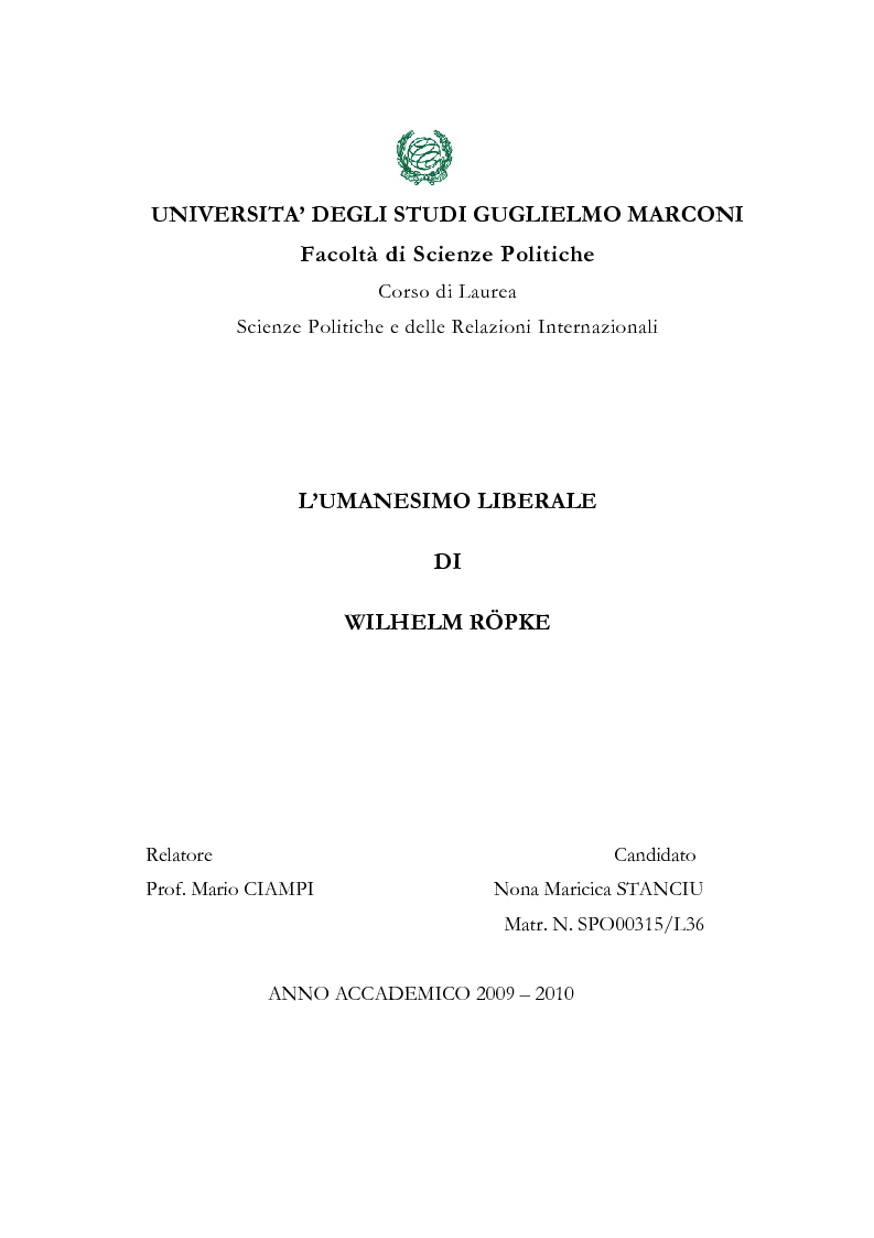 Anteprima della tesi: L’Umanesimo Liberale di Wilhelm Röpke, Pagina 1