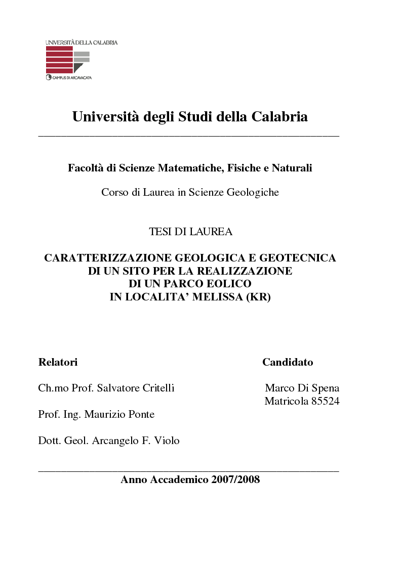 Anteprima della tesi: Caratterizzazione geologica e geotecnica di un sito per la realizzazione di un parco eolico, Pagina 1