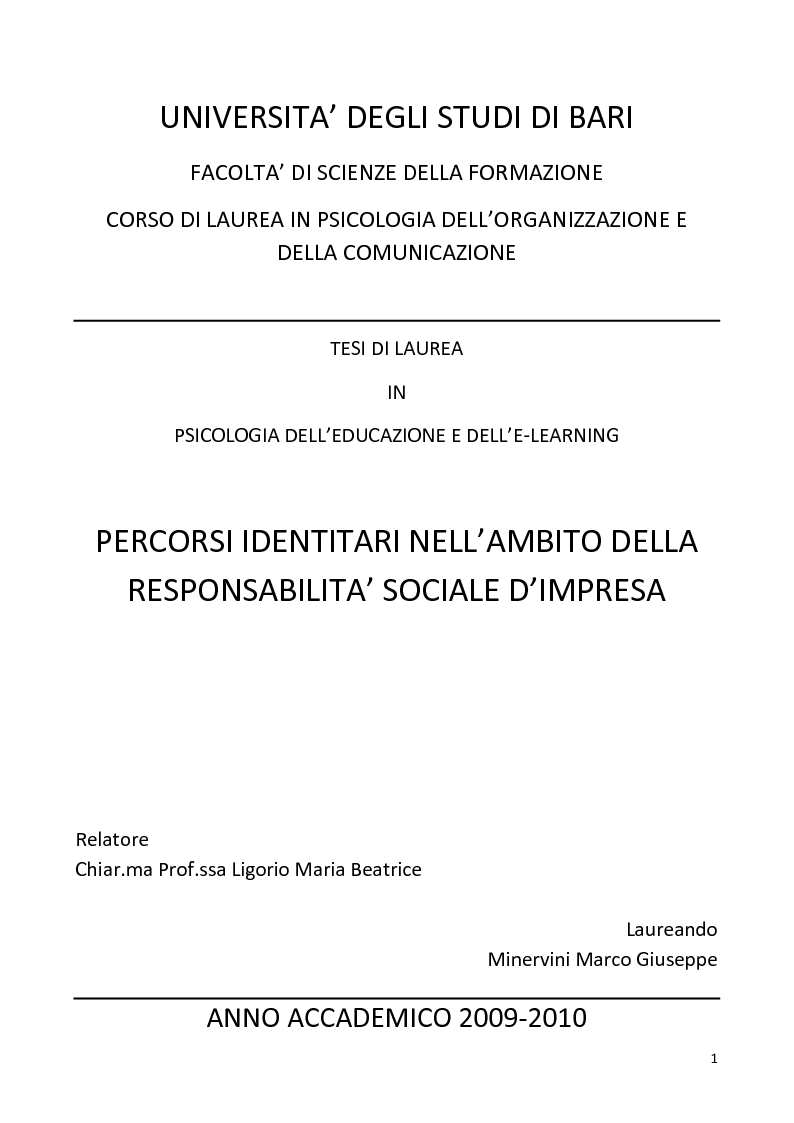 Anteprima della tesi: Percorsi identitari nell'ambito della Responsabilità Sociale d'Impresa, Pagina 1
