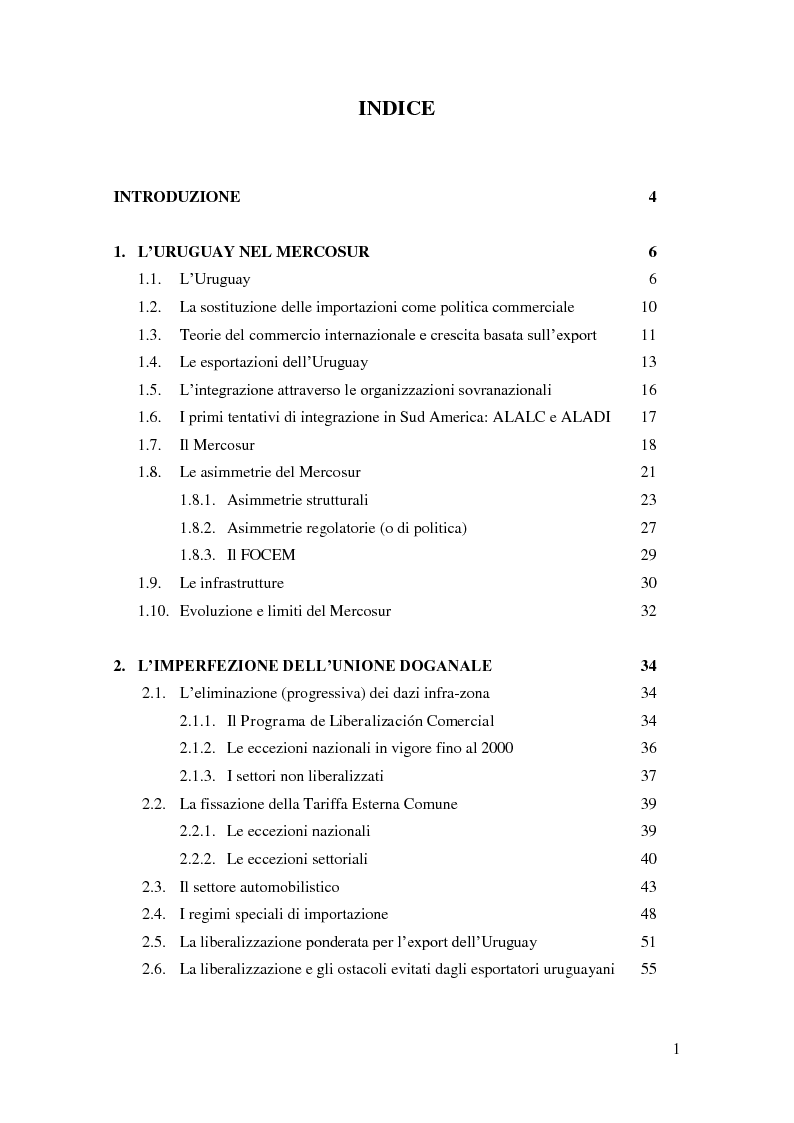Indice della tesi: Barriere non tariffarie ed altre “imperfezioni” del Mercosur: implicazioni per l’Uruguay, Pagina 1