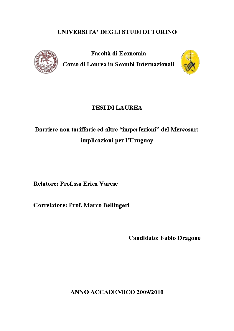Anteprima della tesi: Barriere non tariffarie ed altre “imperfezioni” del Mercosur: implicazioni per l’Uruguay, Pagina 1