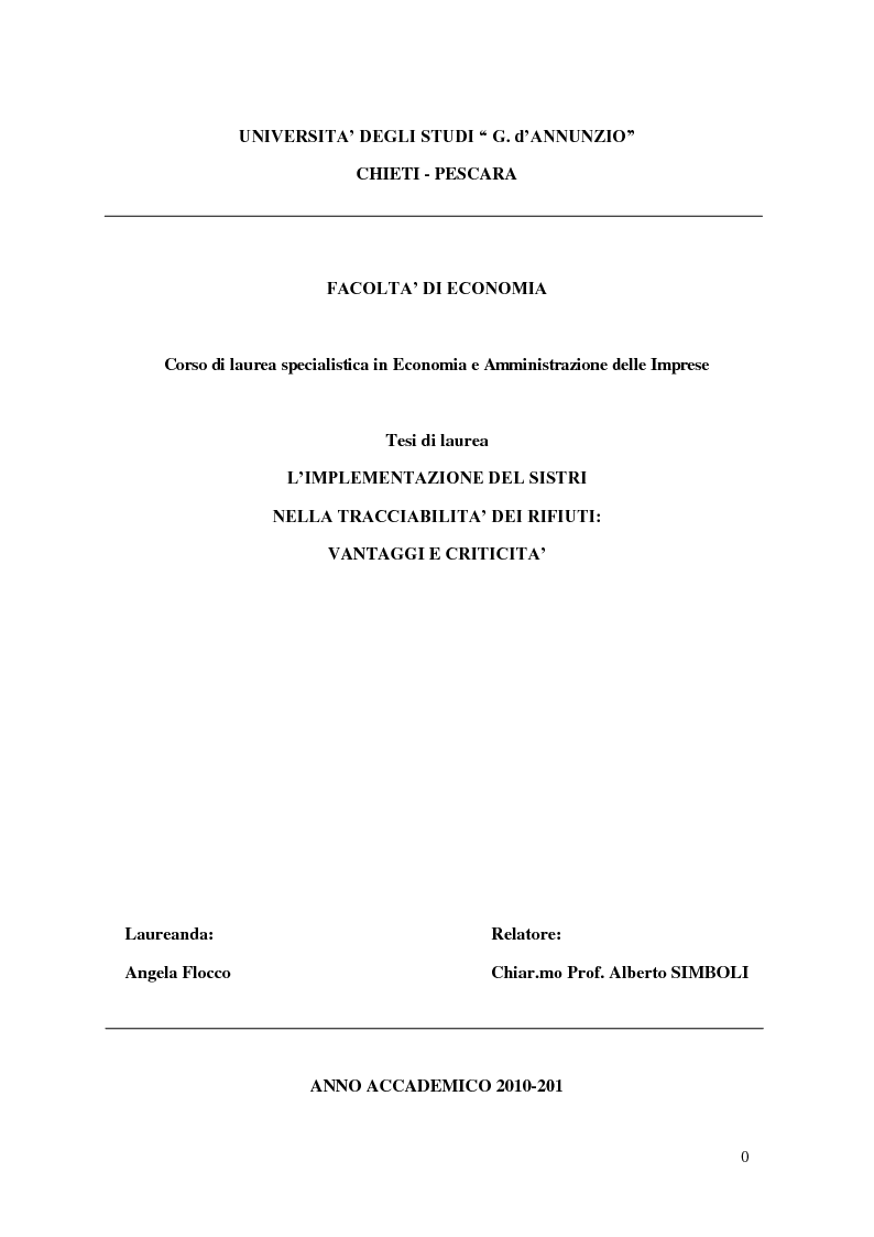 Anteprima della tesi: L'implementazione del SISTRI nella tracciabilità dei rifiuti: vantaggi e criticità, Pagina 1