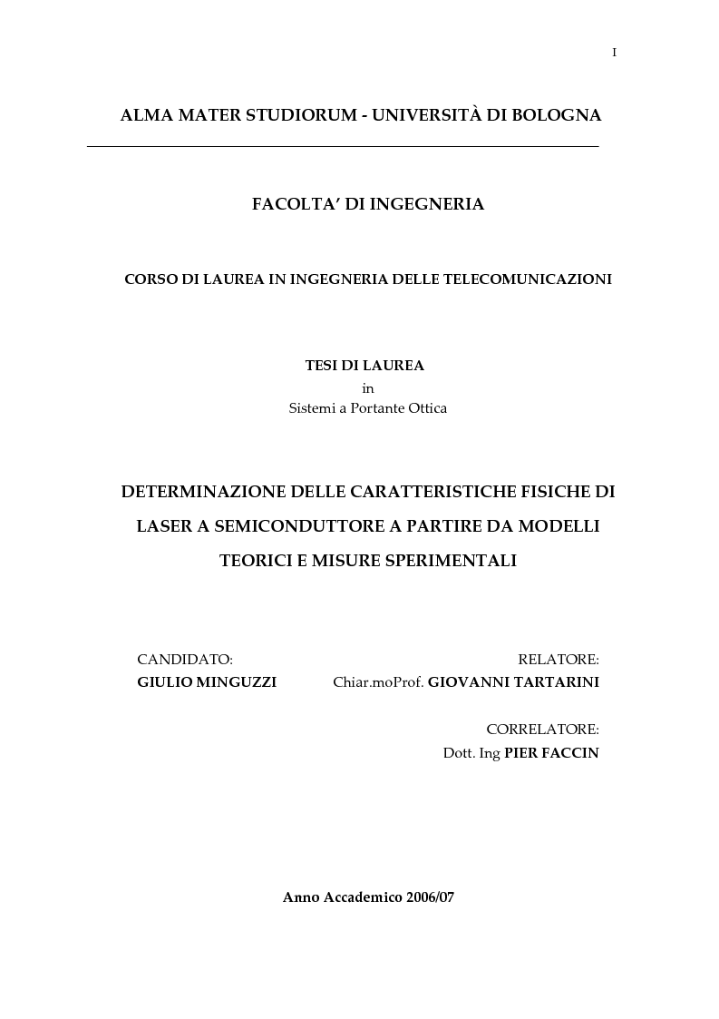 Anteprima della tesi: Determinazione delle caratteristiche fisiche di laser a semiconduttore a partire da modelli teorici e misure sperimentali, Pagina 1