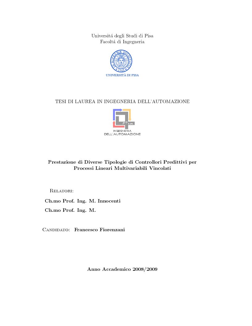 Anteprima della tesi: Prestazione di diverse tipologie di controllori predittivi per processi lineari multivariabili vincolati, Pagina 1