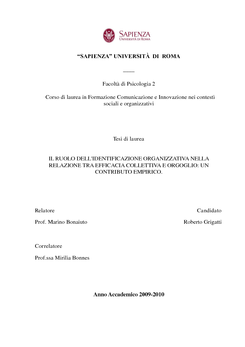 Anteprima della tesi: Il ruolo dell'identificazione organizzativa nella relazione tra efficacia collettiva e orgoglio: un contributo empirico., Pagina 1