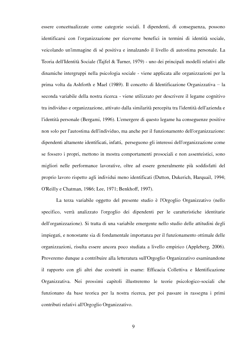 Anteprima della tesi: Il ruolo dell'identificazione organizzativa nella relazione tra efficacia collettiva e orgoglio: un contributo empirico., Pagina 7