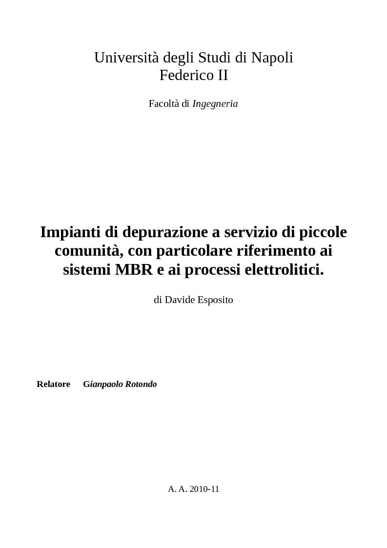 Anteprima della tesi: Impianti di depurazione a servizio di piccole comunità, con particolare riferimento ai sistemi MBR e ai processi elettrolitici., Pagina 1