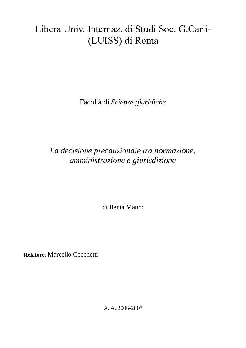 Anteprima della tesi: La decisione precauzionale tra normazione, amministrazione e giurisdizione, Pagina 1