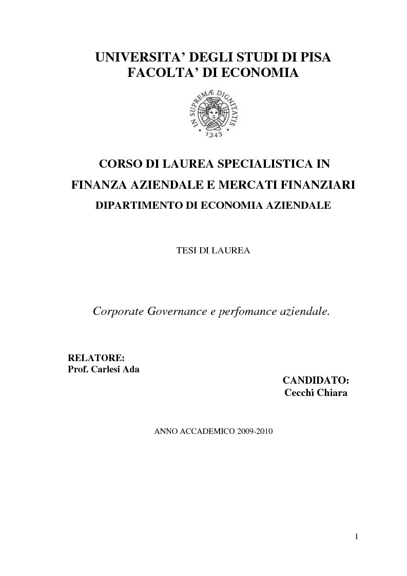 Anteprima della tesi: Corporate Governance e perfomance aziendale, Pagina 1