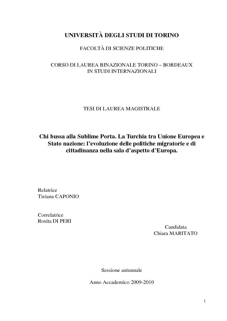 Anteprima della tesi: Chi bussa alla Sublime Porta. Migranti di Transito in Turchia: politiche migratorie e di cittadinanza nella sala d'aspetto d'Europa., Pagina 1