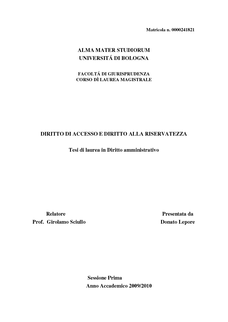 Anteprima della tesi: Diritto di accesso e diritto alla riservatezza, Pagina 1