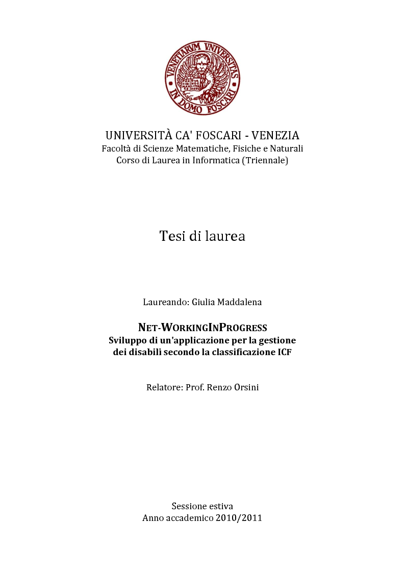 Anteprima della tesi: Net-WorkingInProgress. Sviluppo di un'applicazione per la gestione dei disabili secondo la classificazione ICF, Pagina 1