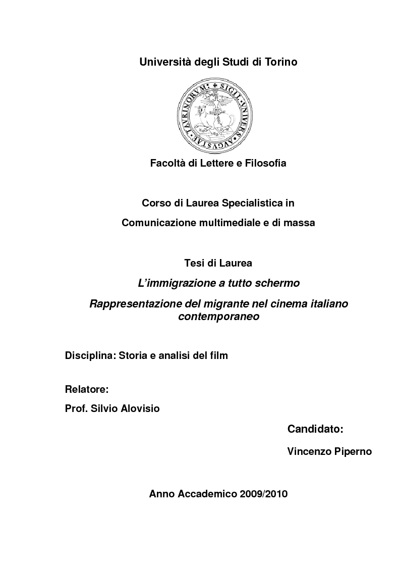 Anteprima della tesi: L’immigrazione a tutto schermo. Rappresentazione del migrante nel cinema italiano contemporaneo, Pagina 1