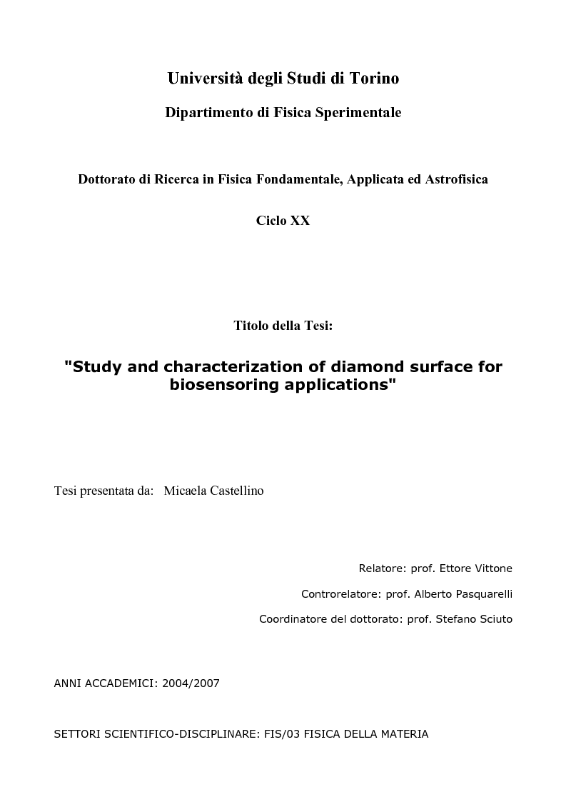 Anteprima della tesi: Study and characterization of diamond surface for biosensoring applications, Pagina 1