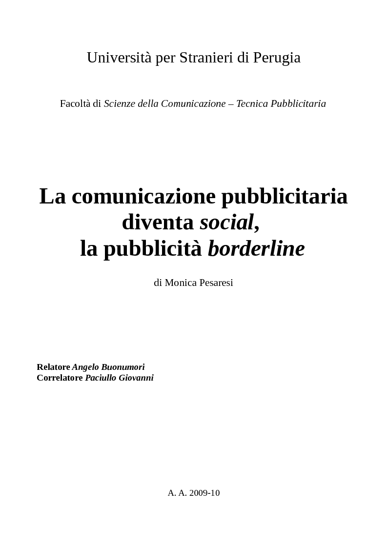 Anteprima della tesi: La comunicazione pubblicitaria diventa social, la pubblicità borderline. , Pagina 1