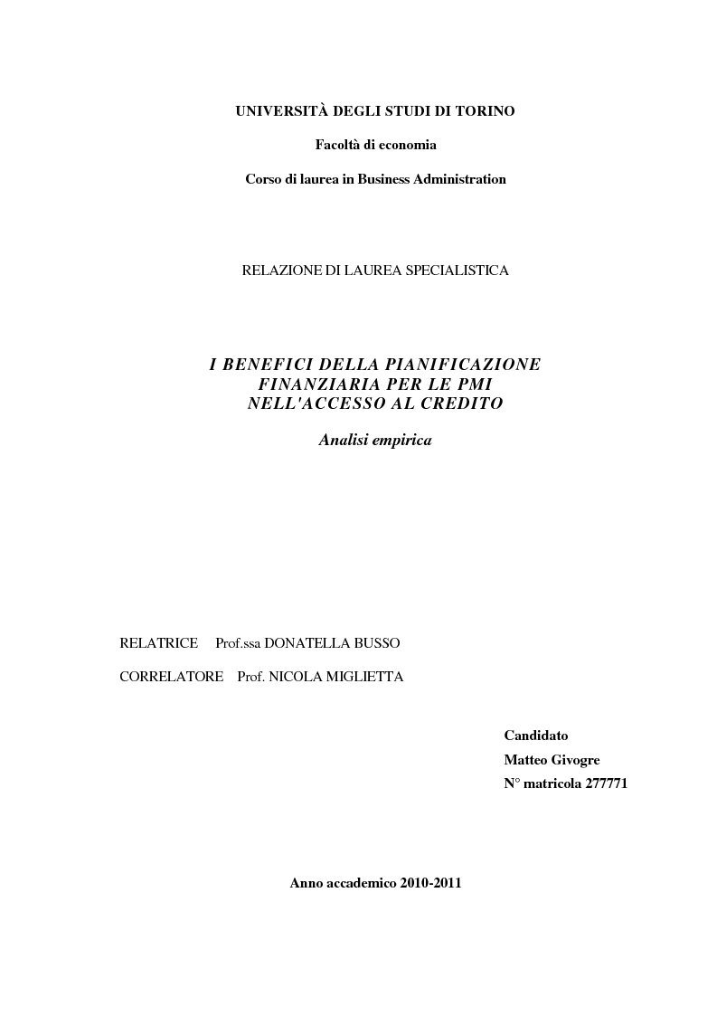 Anteprima della tesi: I benefici della pianificazione finanziaria per le PMI nell' accesso al credito bancario: analisi empirica, Pagina 1