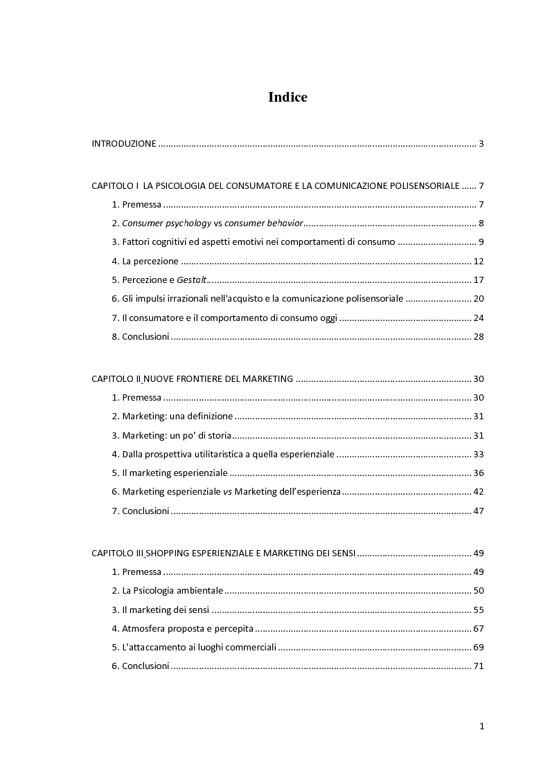 Indice della tesi: L'atmosfera del punto vendita. Luci, suoni, odori e sapori per riscoprire i sensi. Il caso Feltrinelli, Pagina 1