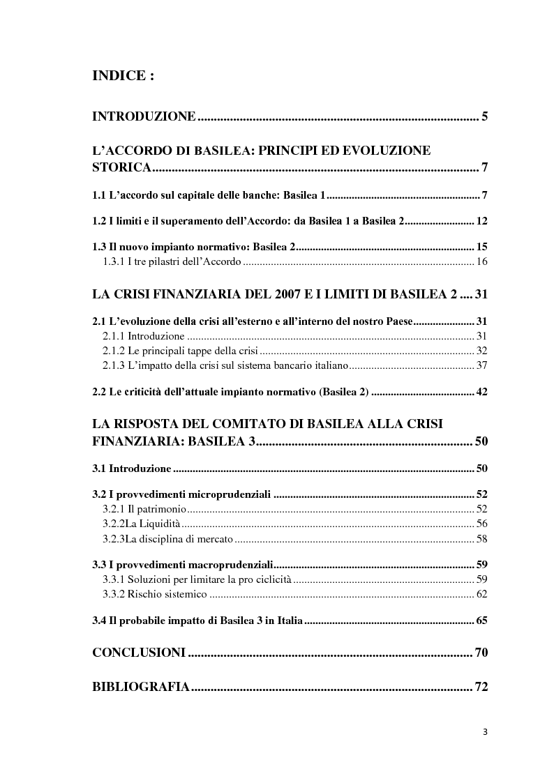 Indice della tesi: L'esigenza di un sistema finanziario stabile: Basilea 3, Pagina 1