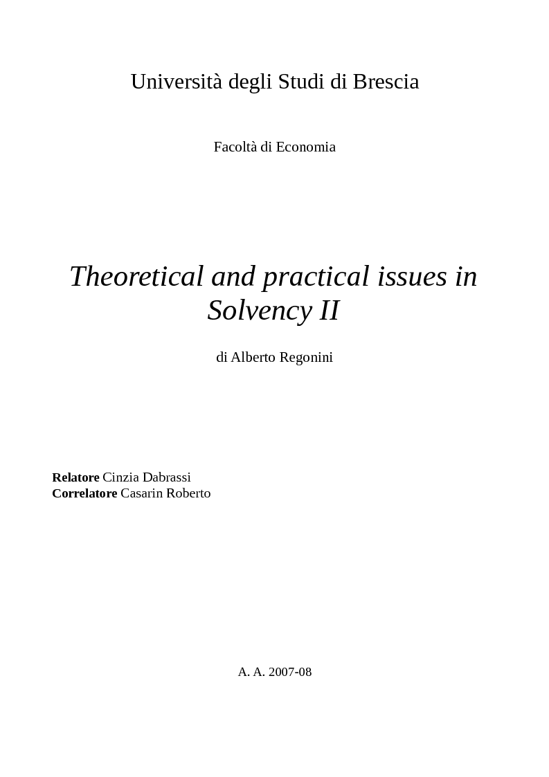 Anteprima della tesi: Theoretical and practical issues in Solvency II, Pagina 1