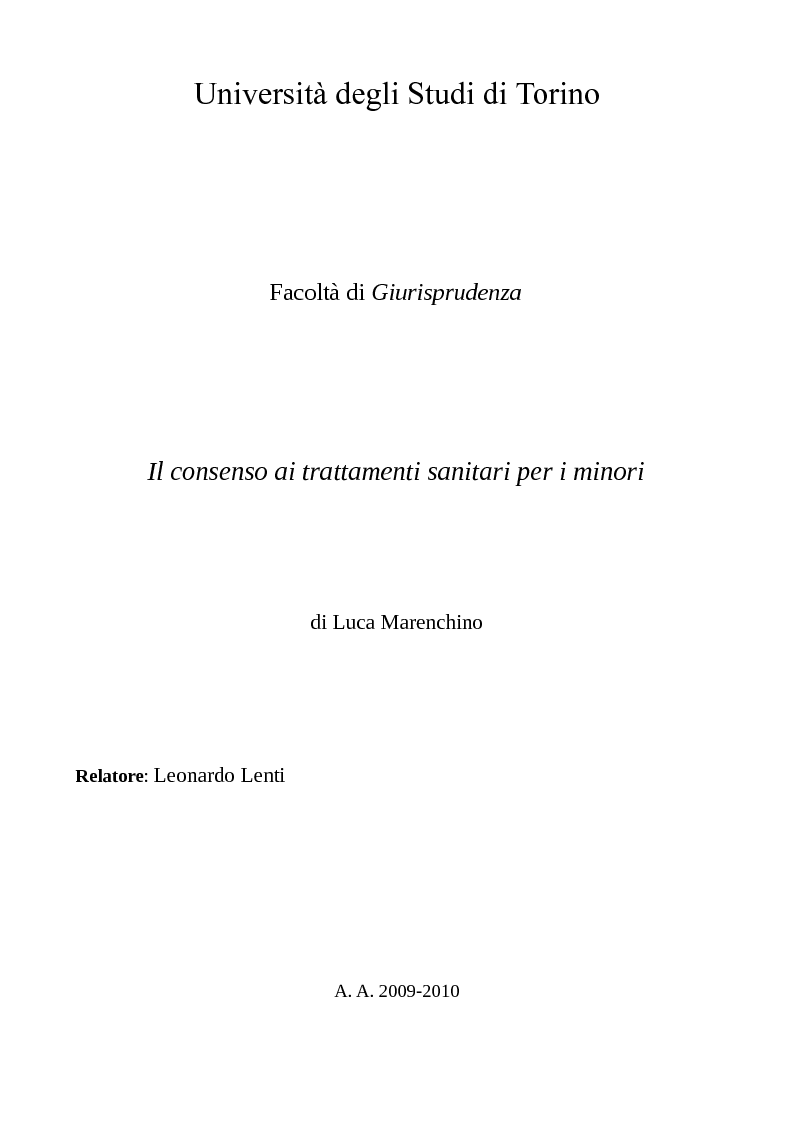 Anteprima della tesi: Il consenso ai trattamenti sanitari per i minori, Pagina 1