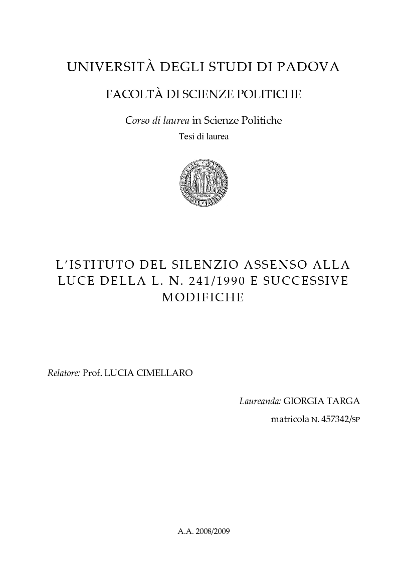 Anteprima della tesi: L'Istituto del Silenzio Assenso alla luce della L. n. 241/1990 e successive modifiche, Pagina 1