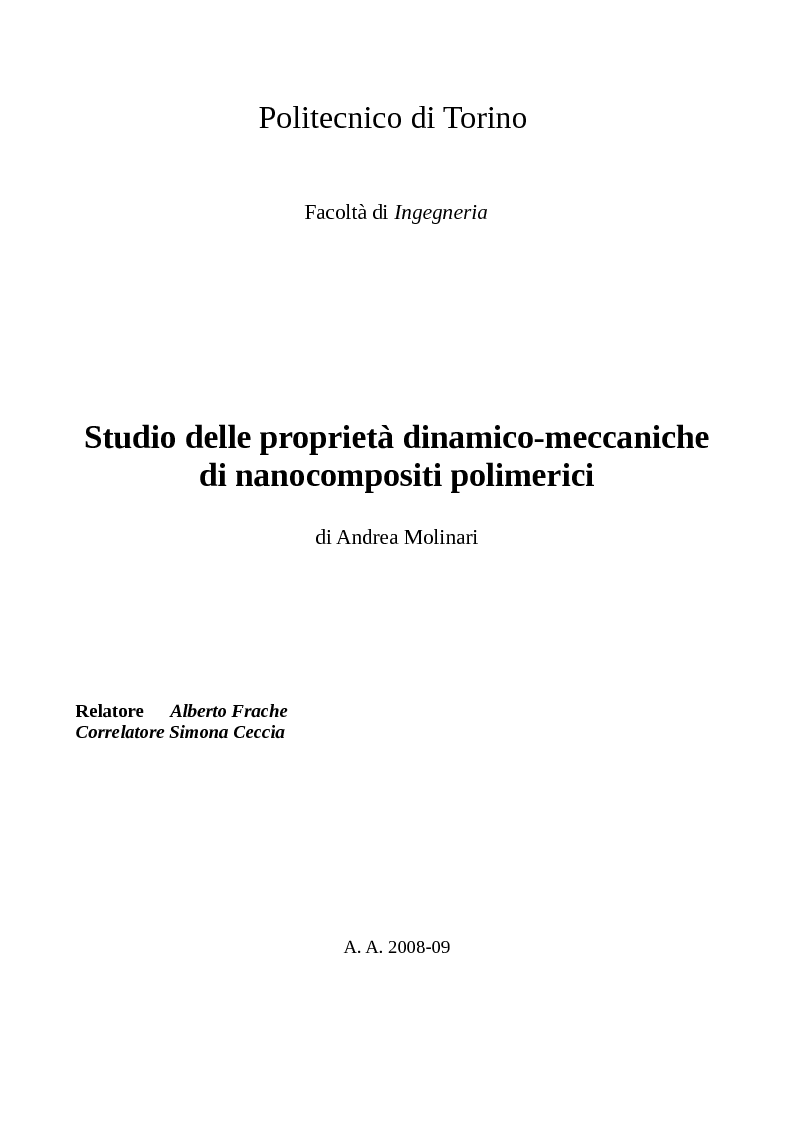 Anteprima della tesi: Studio delle proprietà dinamico-meccaniche di nanocompositi polimerici, Pagina 1