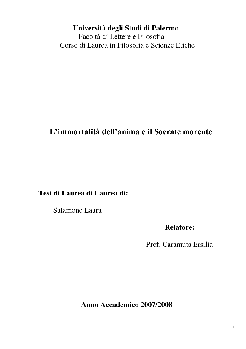 Anteprima della tesi: L'immortalità dell'anima e il Socrate morente, Pagina 1