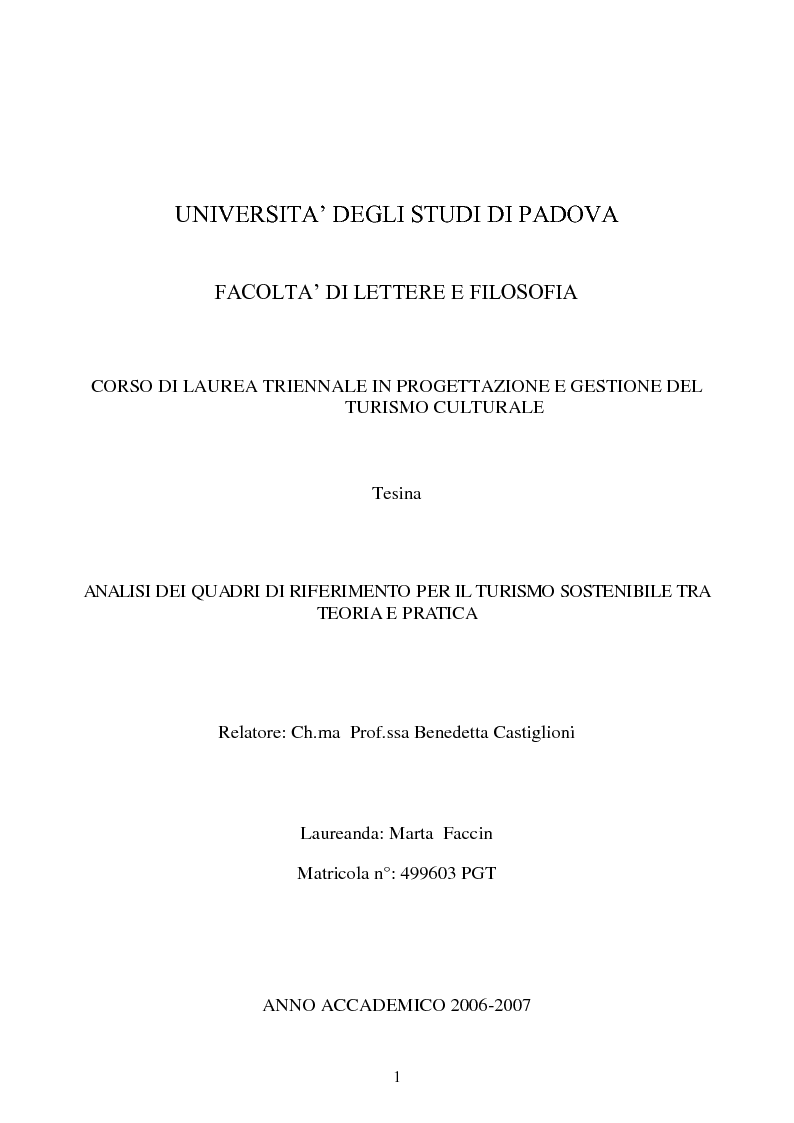 Anteprima della tesi: Analisi dei quadri di riferimento per il turismo sostenibile tra teoria e pratica, Pagina 1