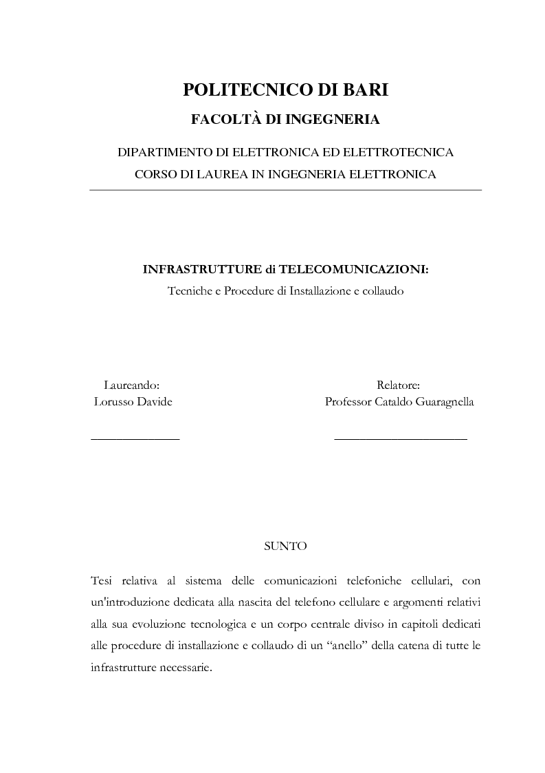 Anteprima della tesi: Infrastrutture di telecomunicazioni: tecniche e procedure di installazione e collaudo, Pagina 1