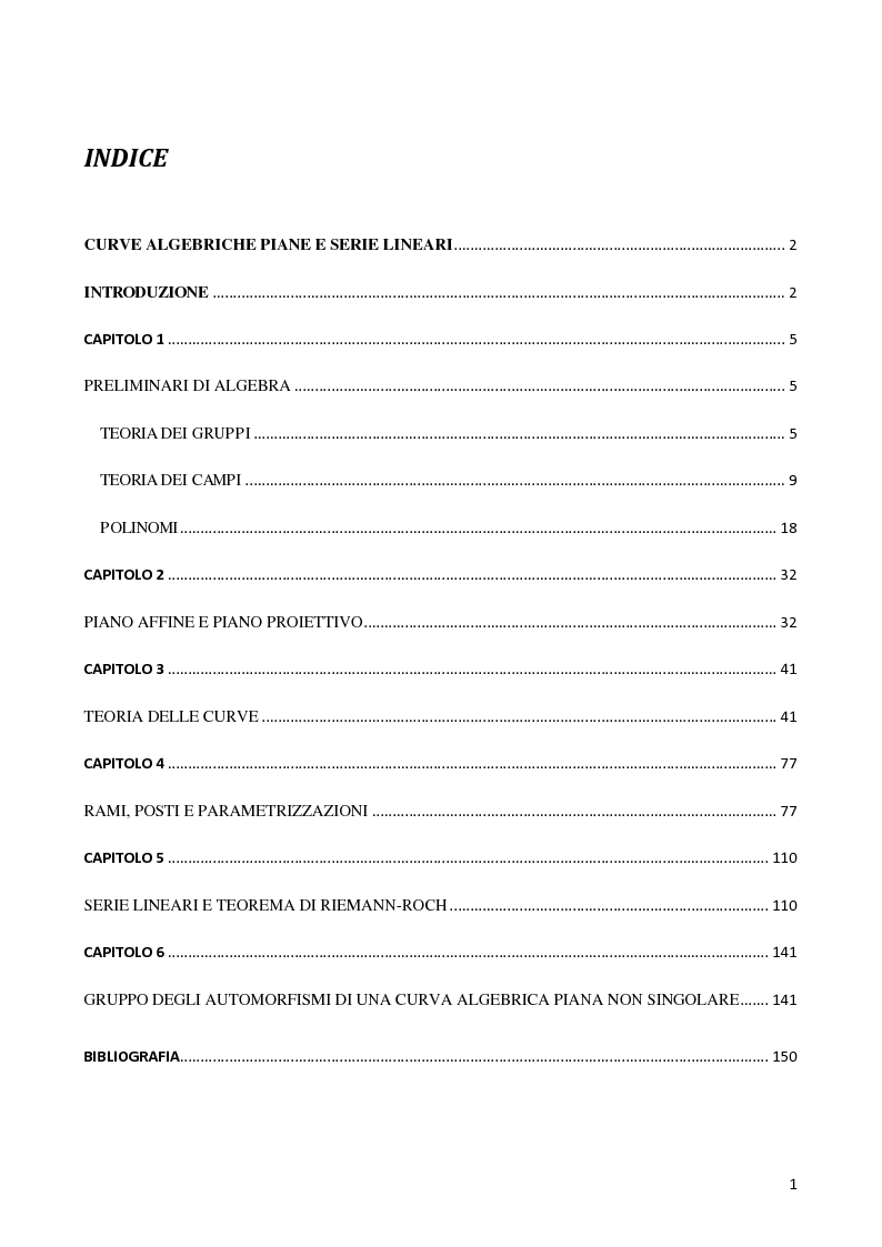 Indice della tesi: Curve algebriche piane e serie lineari, Pagina 1