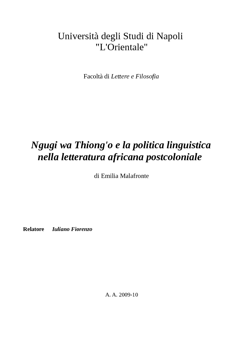 Anteprima della tesi: Ngugi wa Thiong'o e la politica linguistica nella letteratura africana postcoloniale, Pagina 1