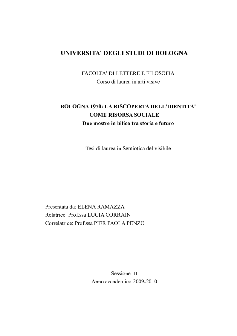 Anteprima della tesi: Bologna 1970. La riscoperta dell'identità come risorsa sociale, Pagina 1