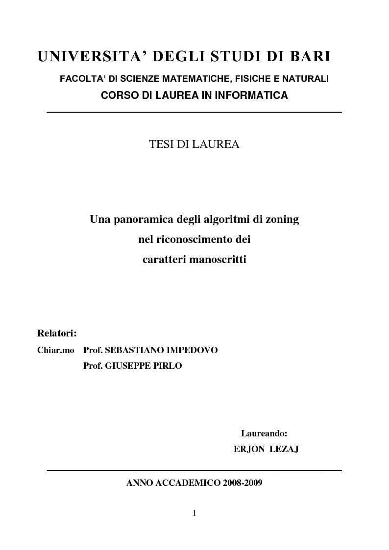 Anteprima della tesi: Una panoramica degli algoritmi di zoning nel riconoscimento dei caratteri manoscritti, Pagina 1