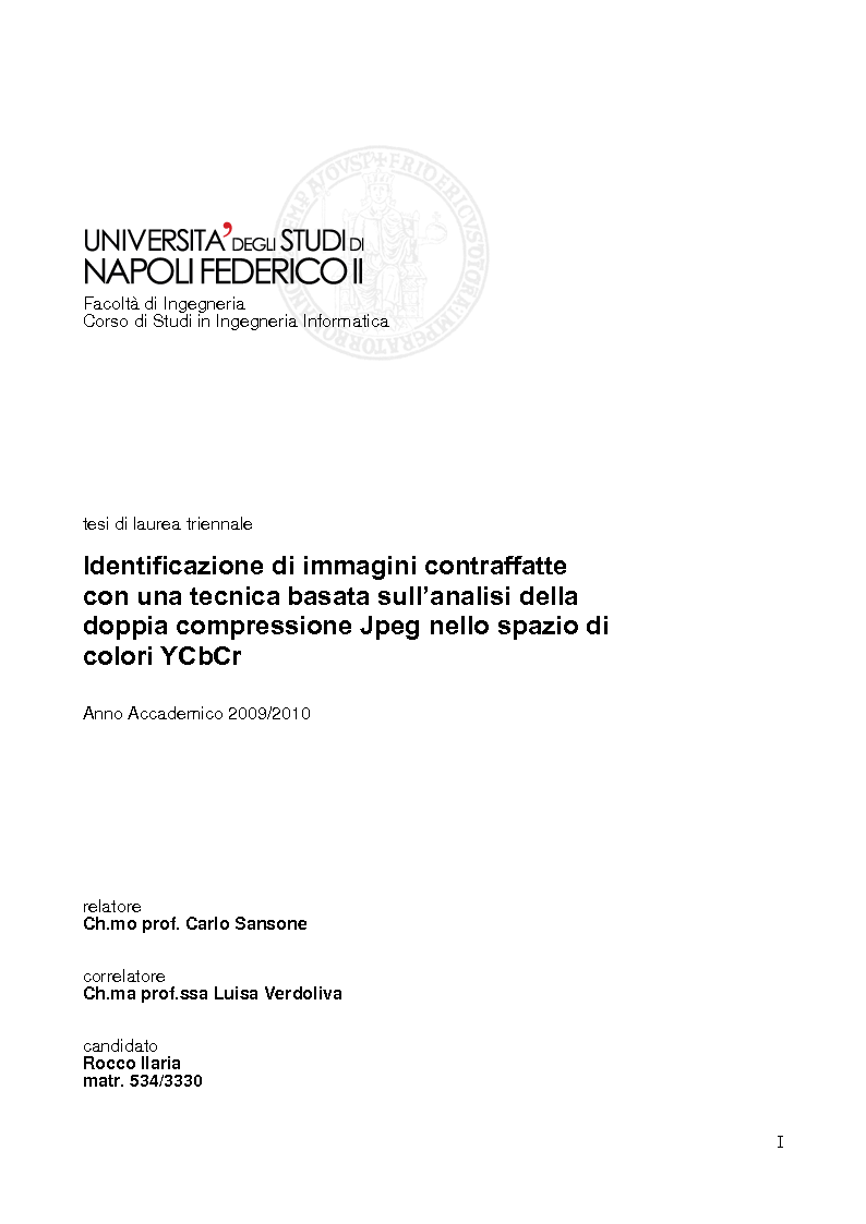 Anteprima della tesi: Identificazione di immagini contraffatte con una tecnica basata sull'analisi della doppia compressione Jpeg nello spazio di colori YCbCr, Pagina 1