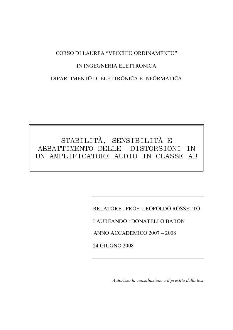 Anteprima della tesi: Stabilità, sensibilità e abbattimento delle distorsioni in un amplificatore audio in classe AB, Pagina 1